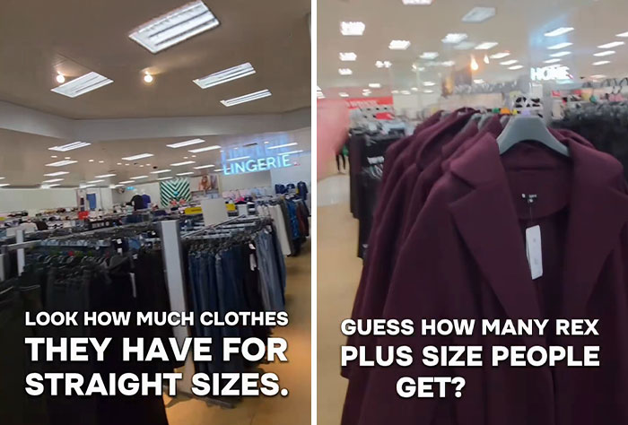 Images show racks of clothes in a store, highlighting clothing selection for straight and plus-size. Images show racks of clothes in a store, highlighting clothing selection for straight and plus-size.