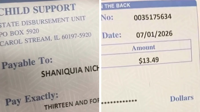 A close-up of a child support document showing a payment of $13.49, highlighting the backfire. A close-up of a child support document showing a payment of $13.49, highlighting the backfire.