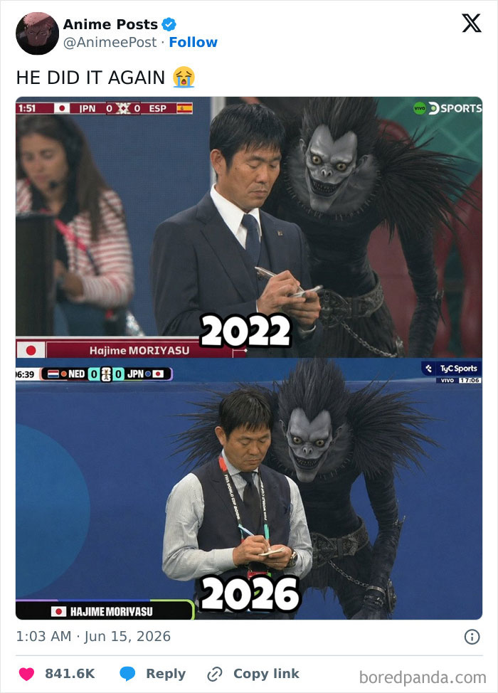 World Cup 2026 meme featuring Japan's coach and a D***h Note character side-by-side in 2022 and 2026.