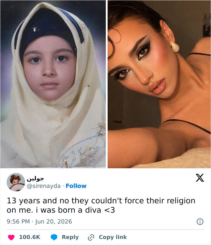 Side-by-side: a young girl in a beige hijab and a woman in a glamorous pose, showing women letting go of the hijab.