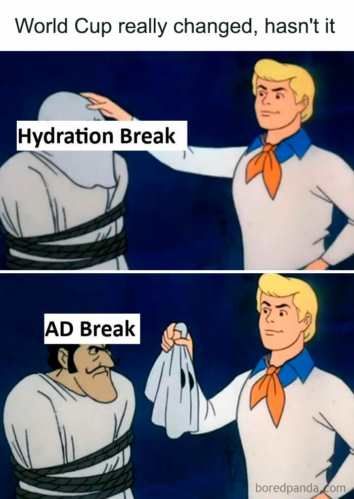 A Scooby-Doo meme illustrating a 'Hydration Break' unmasking an 'AD Break,' a World Cup meme about 2026 chaos.