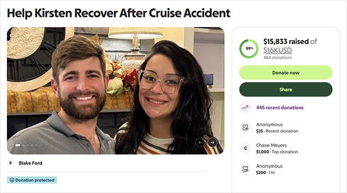 A GoFundMe page for Kirsten to recover after a cruise injury, showing a couple and fundraising progress. A GoFundMe page for Kirsten to recover after a cruise injury, showing a couple and fundraising progress.
