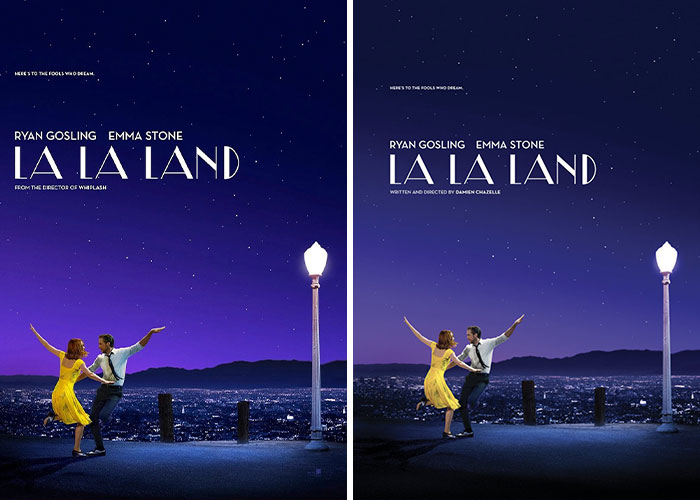 La La Land movie posters side-by-side, showcasing Ryan Gosling and Emma Stone dancing, highlighting a decade-long mistake fixed.