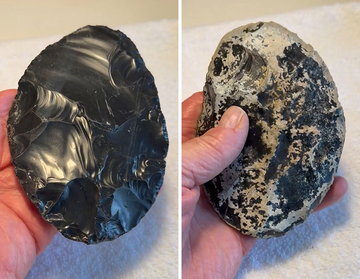 Two views of a dark, obsidian-like ancient American artifact, held in a hand, discovered in the Mojave Desert. Two views of a dark, obsidian-like ancient American artifact, held in a hand, discovered in the Mojave Desert.