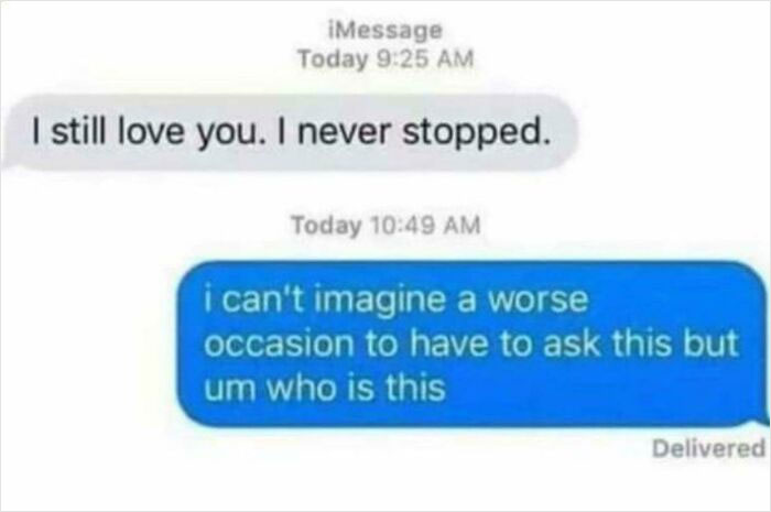 A screenshot of a text conversation where someone replies, um who is this after an I still love you message. An absurd screenshot.