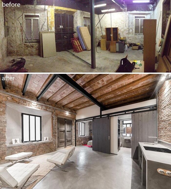 A before-and-after of a large room transformed into a modern living space, displaying a proud home improvement project.