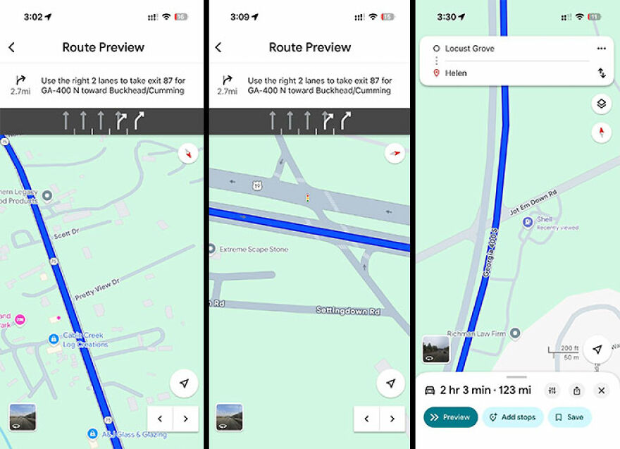 A series of three Google Maps screenshots showing a route preview with navigation instructions, for amusing things.