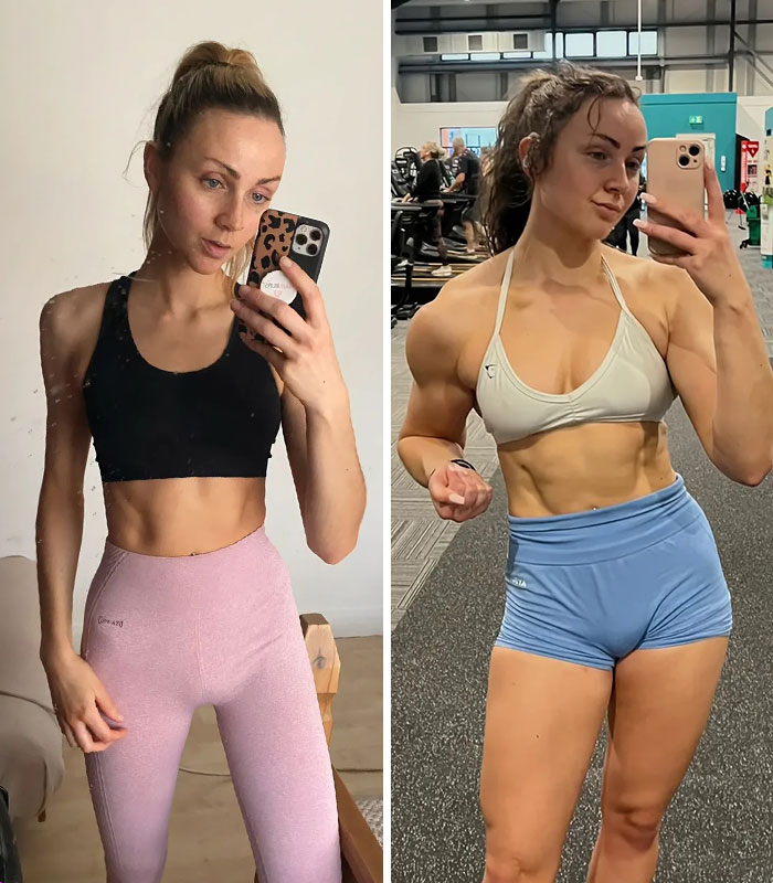 A woman captures her powerful weight gain transformation, from slim to muscular, in athletic wear.