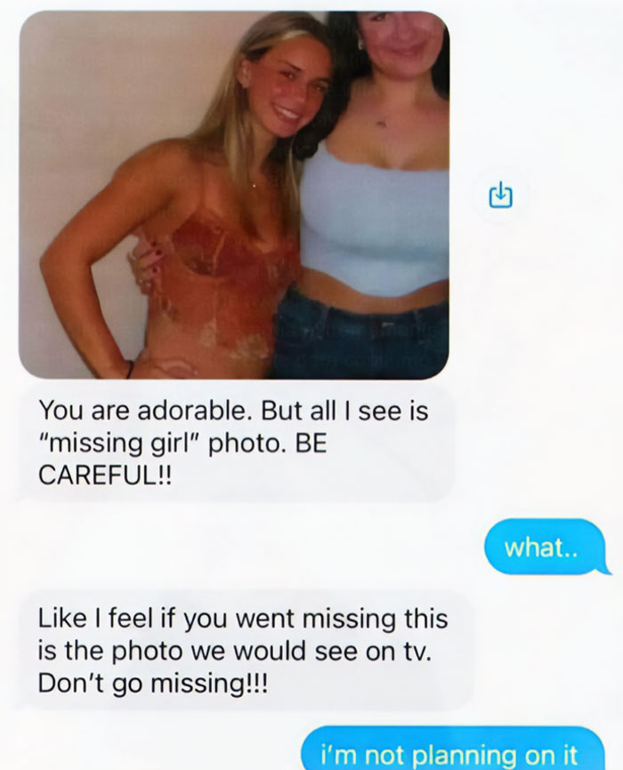 A text message exchange with a photo of two smiling girls, prompting a cringe missing girl comment.