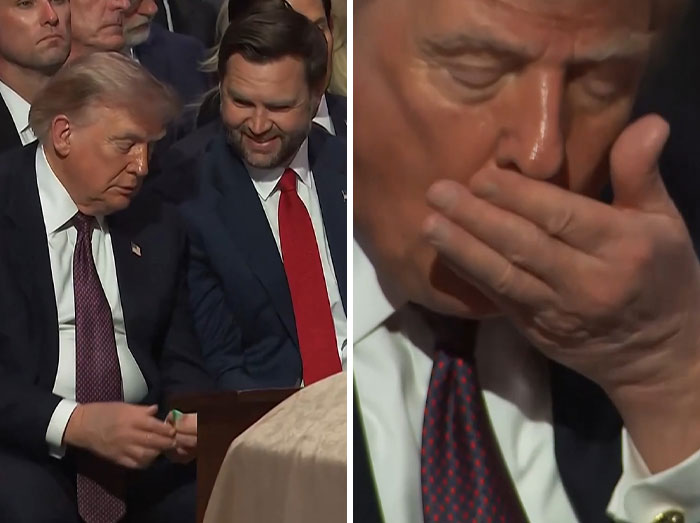Donald Trump appears to fall asleep at Lindsey Graham's funeral, a chaotic moment captured in a split image.