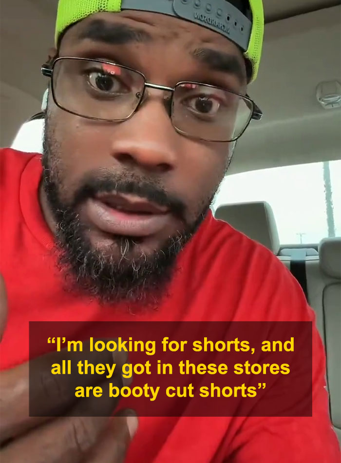 A dad expressing his difficulty finding appropriate shorts for little girls during his shopping trip. A dad expressing his difficulty finding appropriate shorts for little girls during his shopping trip.