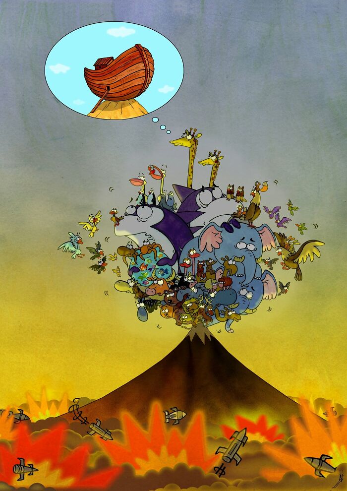 Satirical illustration showing animals evacuating a burning world on a volcano, dreaming of Noah's Ark, criticizing modern society.
