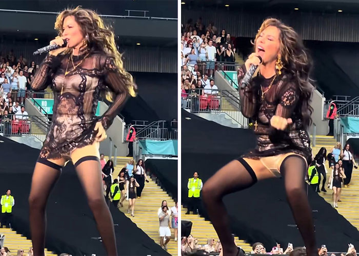 Shania Twain fires back at body shamers, performing in a sheer lace outfit and thigh-high stockings. Shania Twain fires back at body shamers, performing in a sheer lace outfit and thigh-high stockings.