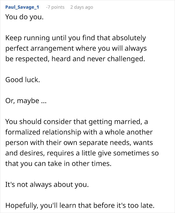 A comment advising a girlfriend about the realities of getting married.