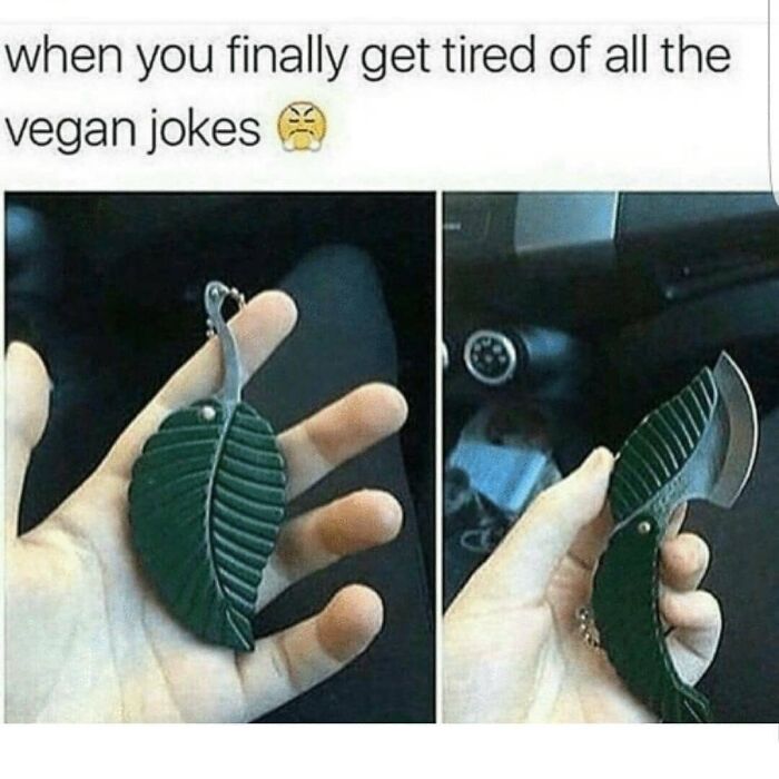 A hand holding a leaf-shaped keychain that opens into a small knife, representing funny vegan memes and jokes.