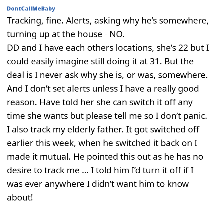 A detailed comment about a woman tracking her son's location, distinguishing between tracking, alerts, and showing up.