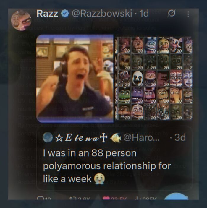 A screenshot of a tweet with a photo of a person reacting to a video game, next to a grid of game characters. A second tweet below discusses an 88-person polyamorous relationship. This image is a weird meme.