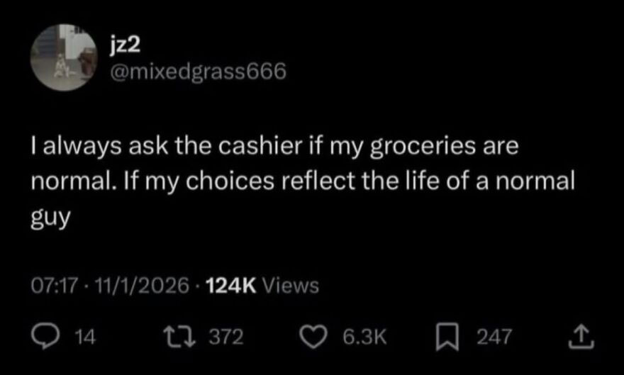 A hilariously unhinged screenshot of a tweet from jz2 asking if their groceries are normal to reflect a normal guy's life.