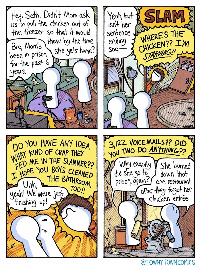 A comic strip showing the ridiculous US Midwest life of two boys whose mom returns home from prison, asking about chicken.
