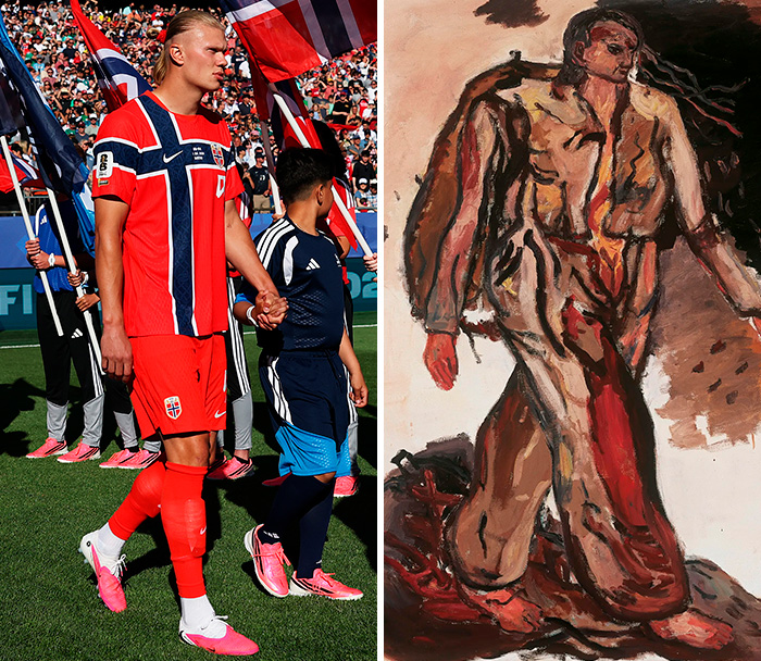 A split image shows a tall soccer player from the World Cup 2026 with a child, recreating an abstract painting of a figure.
