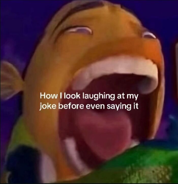 A cartoon character laughing with mouth wide open, a hilarious meme about anticipatory laughter.