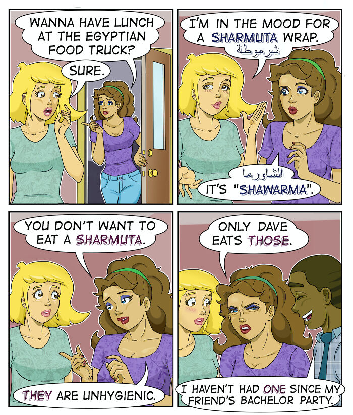 A comic showing a woman at an Egyptian food truck, mispronouncing a food item, creating an awkward moment.