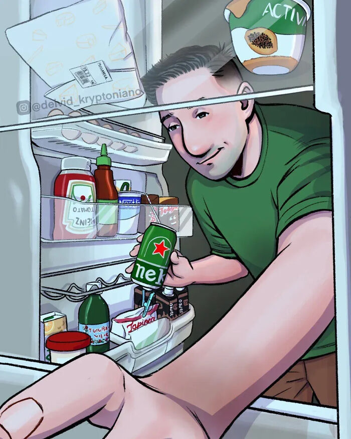 An artist reimagined Doug Funnie as an adult, opening a refrigerator to grab a drink.