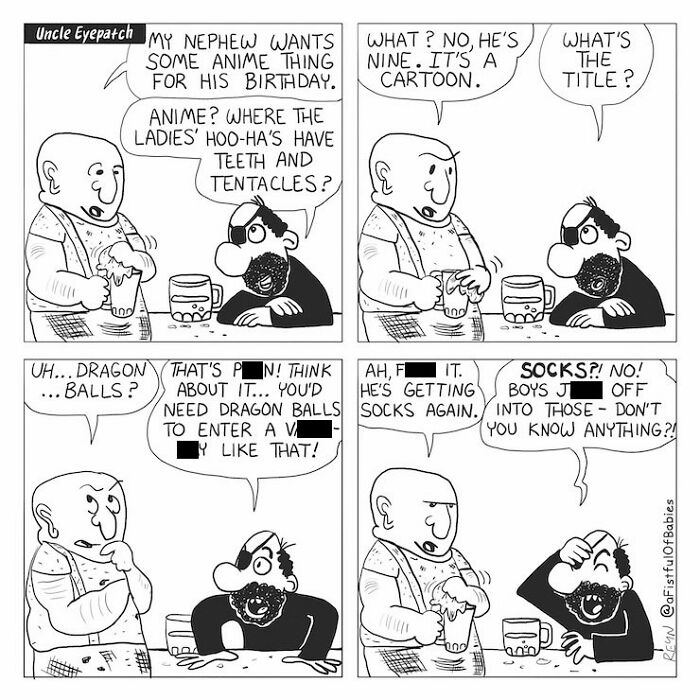 Absurdly funny cartoons where Uncle Eyepatch discusses anime and Dragon Balls with a friend for a nephew's birthday.