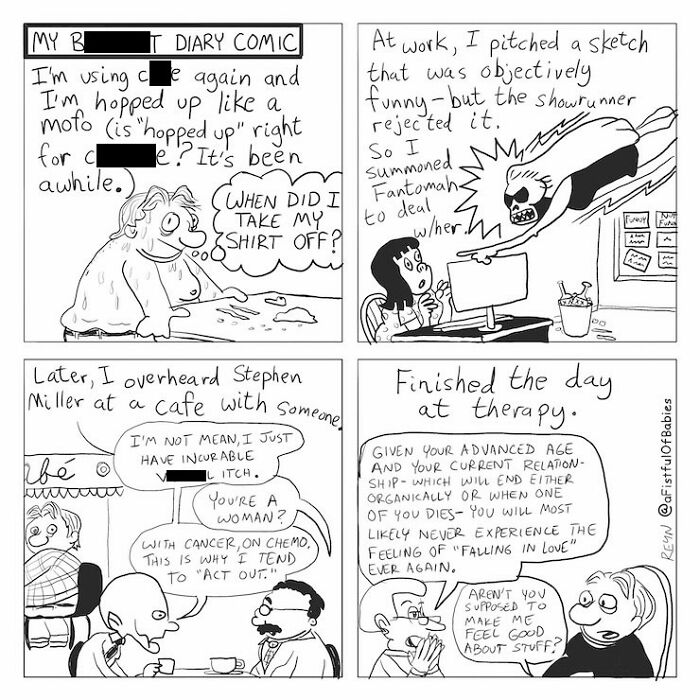 Absurdly funny cartoons illustrating a Late Show writer's funny diary comic, a rejected sketch, and a therapy session.