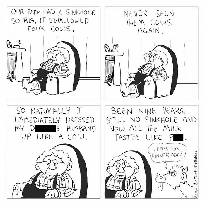 Absurdly funny cartoons depicting a woman whose husband dressed as a cow after their cows disappeared in a sinkhole.