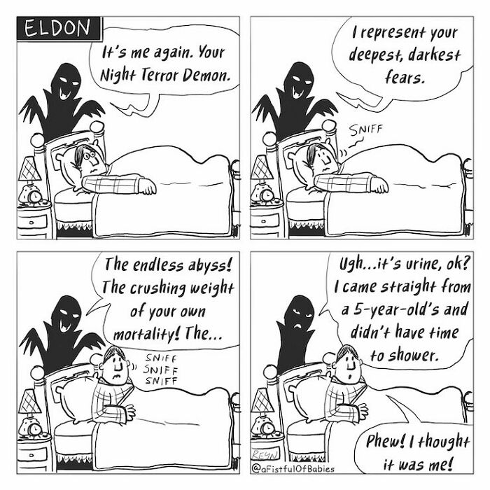 An absurdly funny cartoon showing a night terror demon surprising a sleeping man, then revealing a humorous origin. 