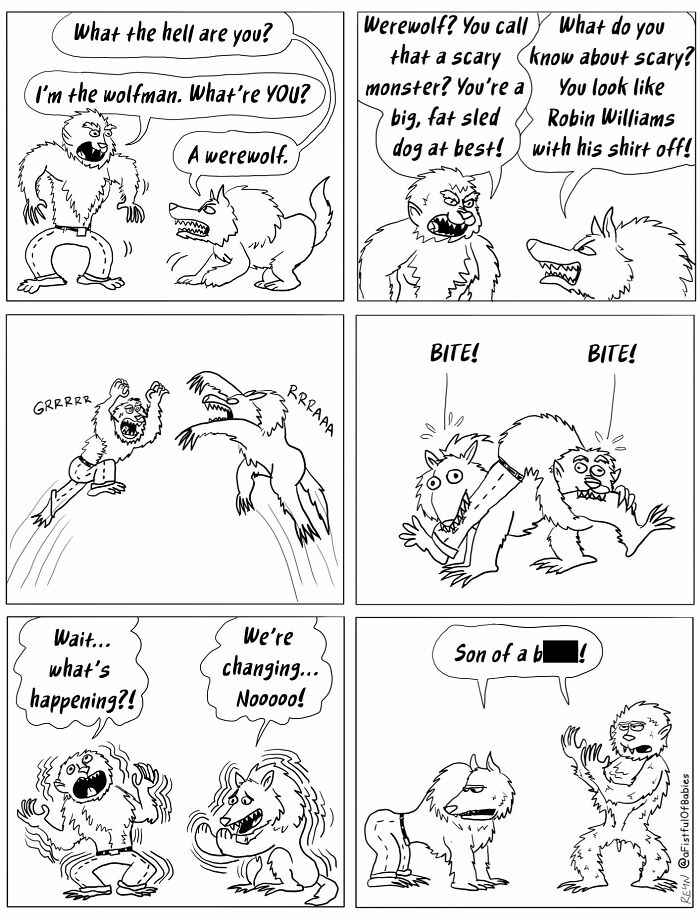 An absurdly funny cartoon strip where a wolfman and a werewolf transform after biting each other.