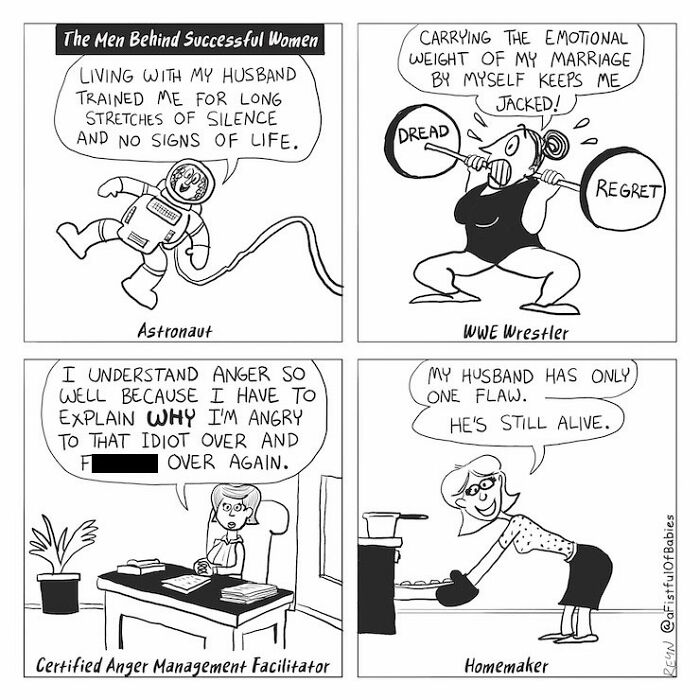 A series of absurdly funny cartoons illustrating women talking about their husbands.