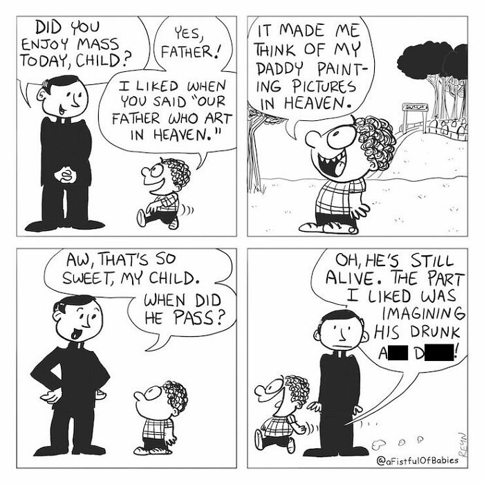 An absurdly funny cartoon shows a child discussing his father with a priest.