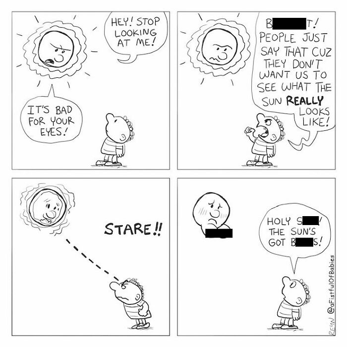 A funny cartoon depicts a person looking at the sun, which is portrayed as having breasts.