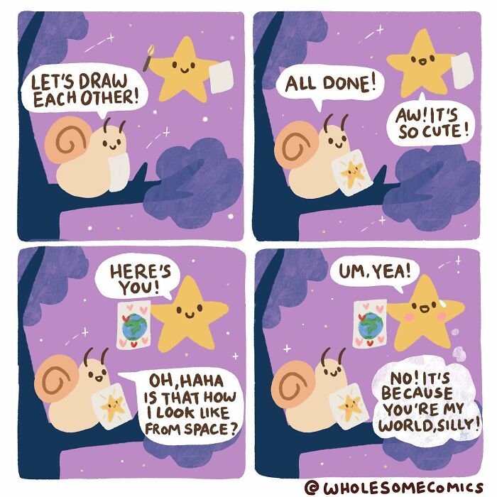 A sweet wholesome comic of a snail and a star drawing each other, a heartwarming scene healing hearts.
