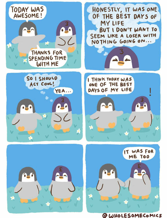A wholesome comic of two penguins sharing a heartfelt moment, expressing how today was one of the best days.