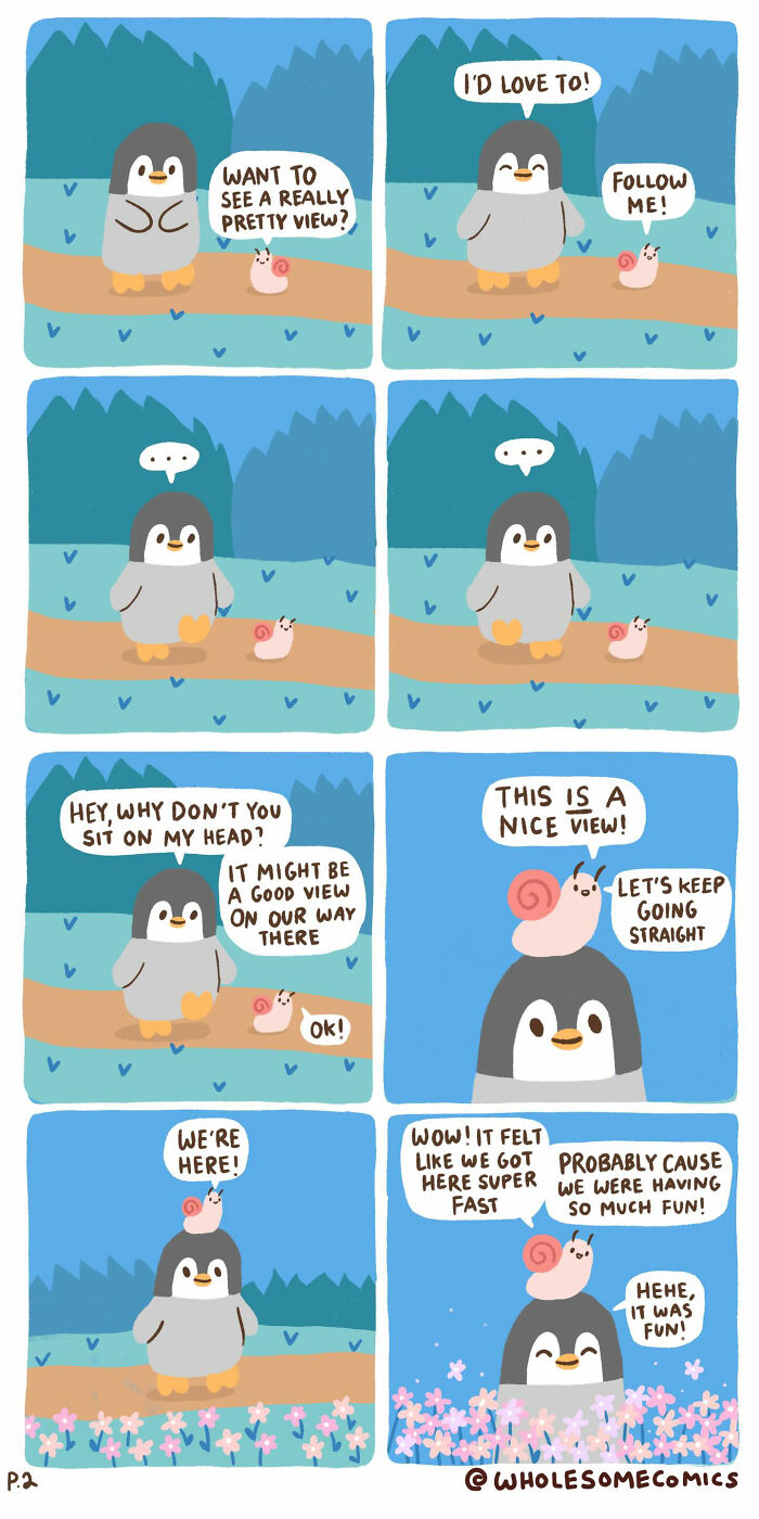 A wholesome comic showing a penguin carrying a snail on its head to help the snail see a pretty view.