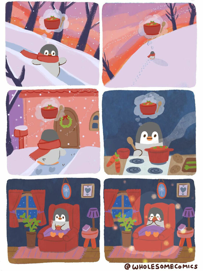 A heartwarming wholesome comic of a penguin making and enjoying soup on a cold day, healing hearts.