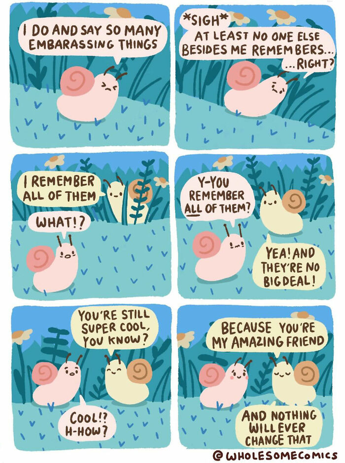 A comforting wholesome comic of two snails discussing embarrassing moments, showing support and healing hearts.