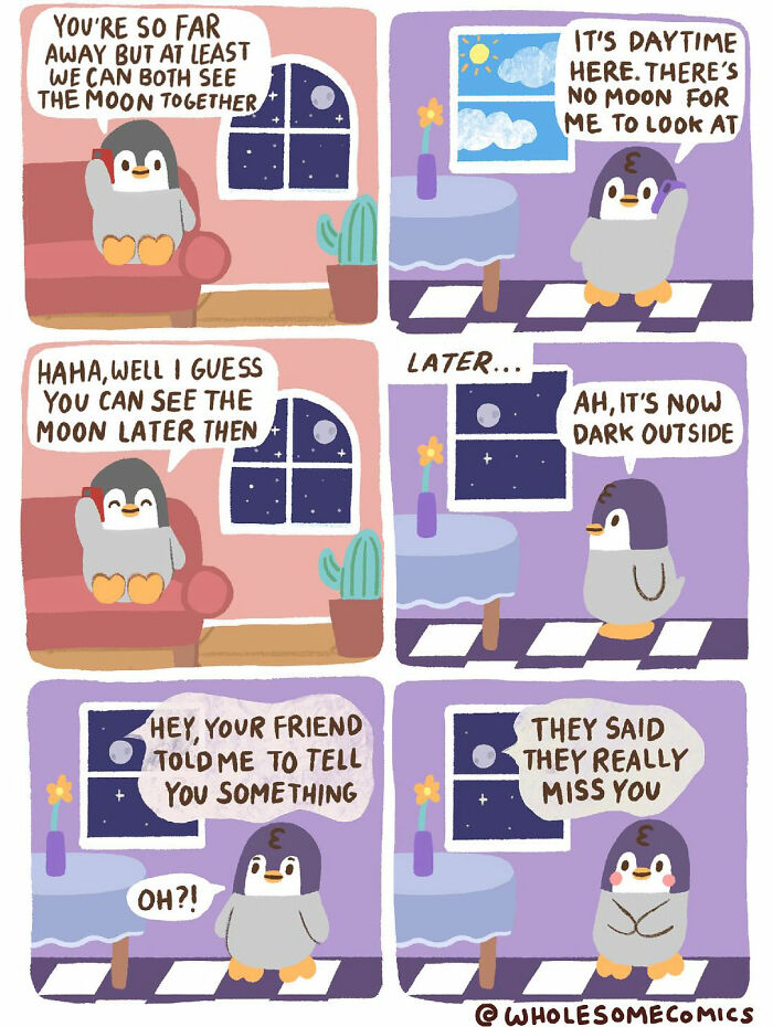 A wholesome comic showing two penguins far apart but still connected by seeing the moon, healing hearts.