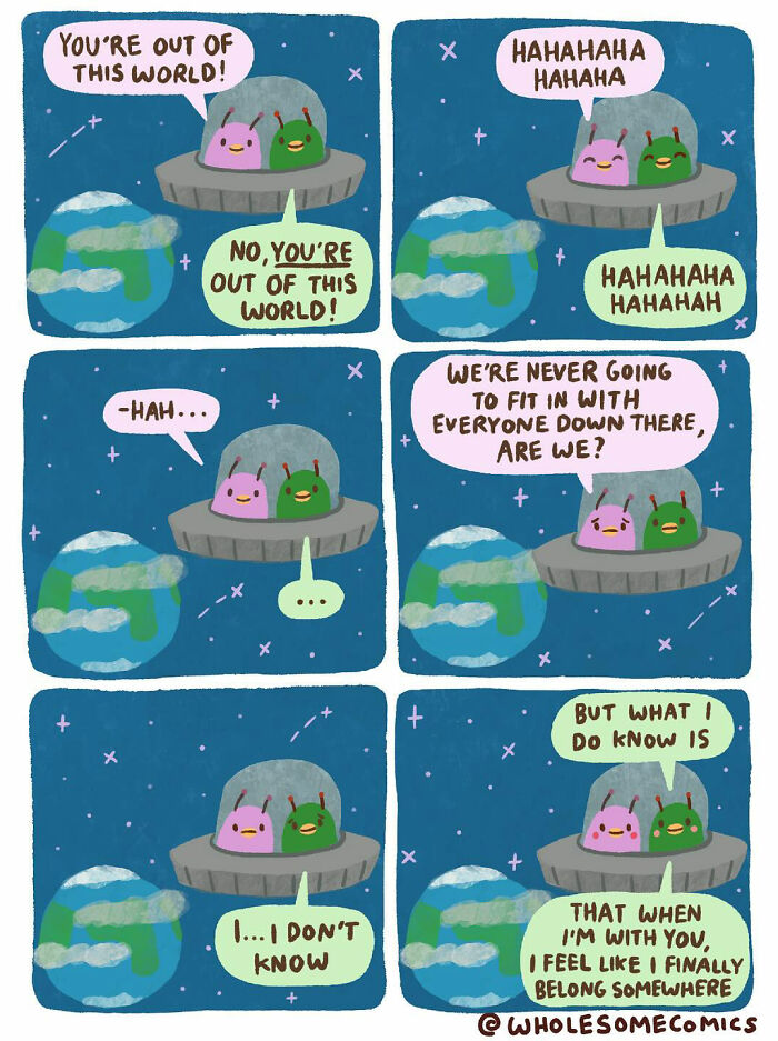 A wholesome comic depicting two aliens in a spaceship near Earth, finding belonging and comfort in each other's company.