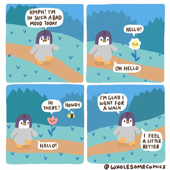 A wholesome comic illustrating a penguin's mood improving after a walk and greeting flowers and a bee, healing the heart.