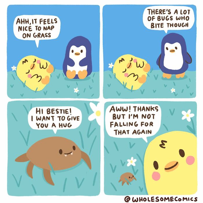 A wholesome comic where a chick is wary of bugs while napping on grass, rejecting a hug from a friendly-looking bug.