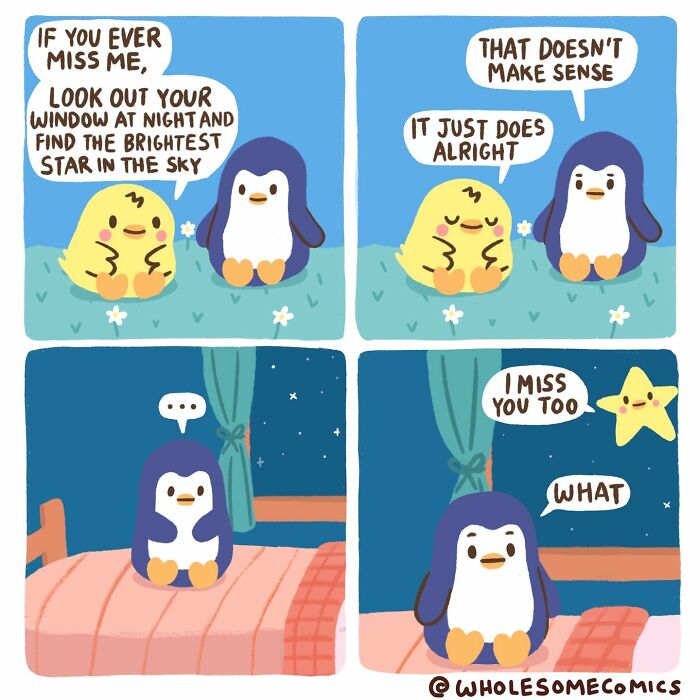 A wholesome comic with a penguin and chick discussing missing each other and looking at the brightest star in the sky.