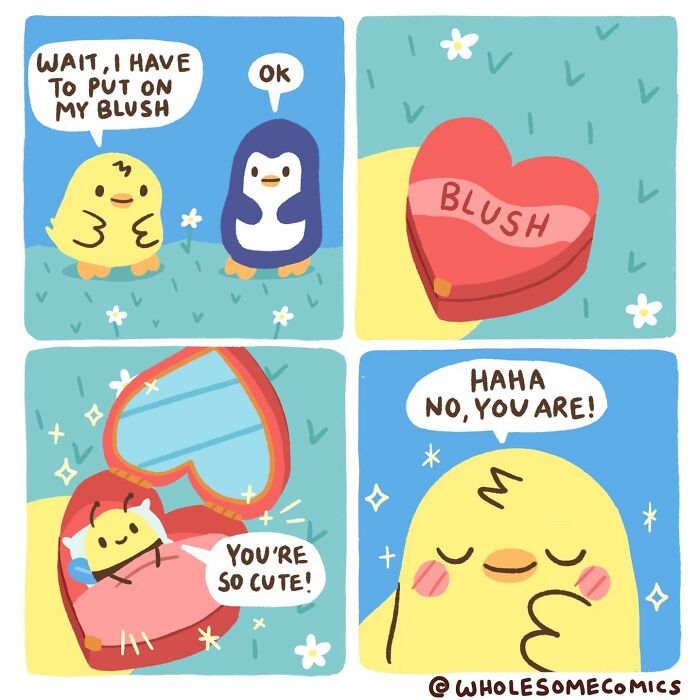 A charming wholesome comic about a chick and a penguin sharing a cute blush moment, healing hearts.