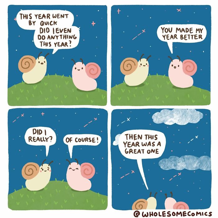 Wholesome comics showing two snails reflecting on their year, acknowledging how they made each other's year better.