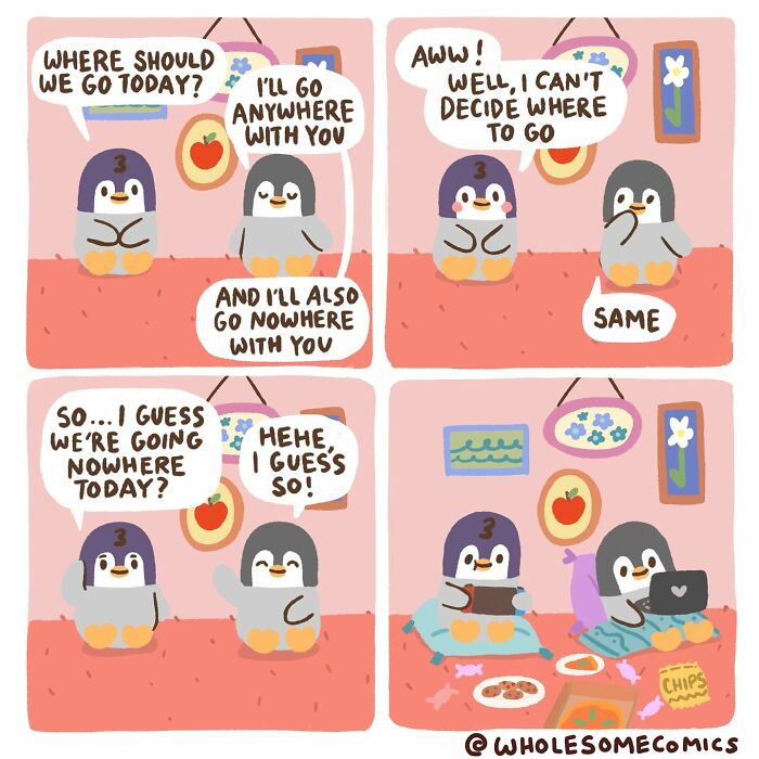 Wholesome comics featuring two penguins deciding to stay home together, healing hearts with their sweet interaction.