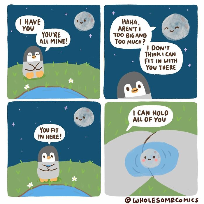 Wholesome comics depicting a penguin and moon interacting, with the moon finding a place in the penguin's reflection, healing hearts.
