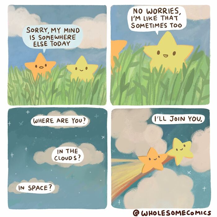 Wholesome comics illustrating two stars, one joining the other who is lost in thought, showing heartwarming support.